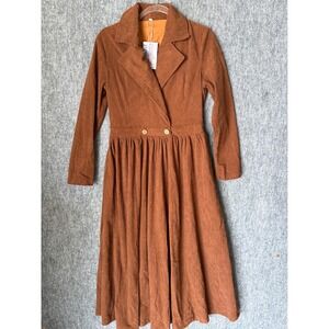 OYROSY Rust Brown‎ Corduroy Midi Dress Long Sleeve Notched Lapel Size Small NEW